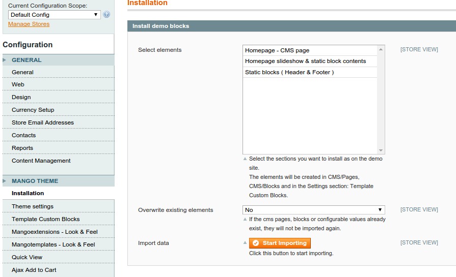Import demo CMS elements for Magento theme